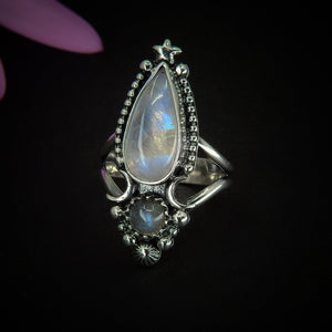 Moonstone & Labradorite Ring - Size 6 - Sterling Silver - Rainbow Moonstone Ring - Blue Labradorite Jewelry - Double Stone Crescent Moon