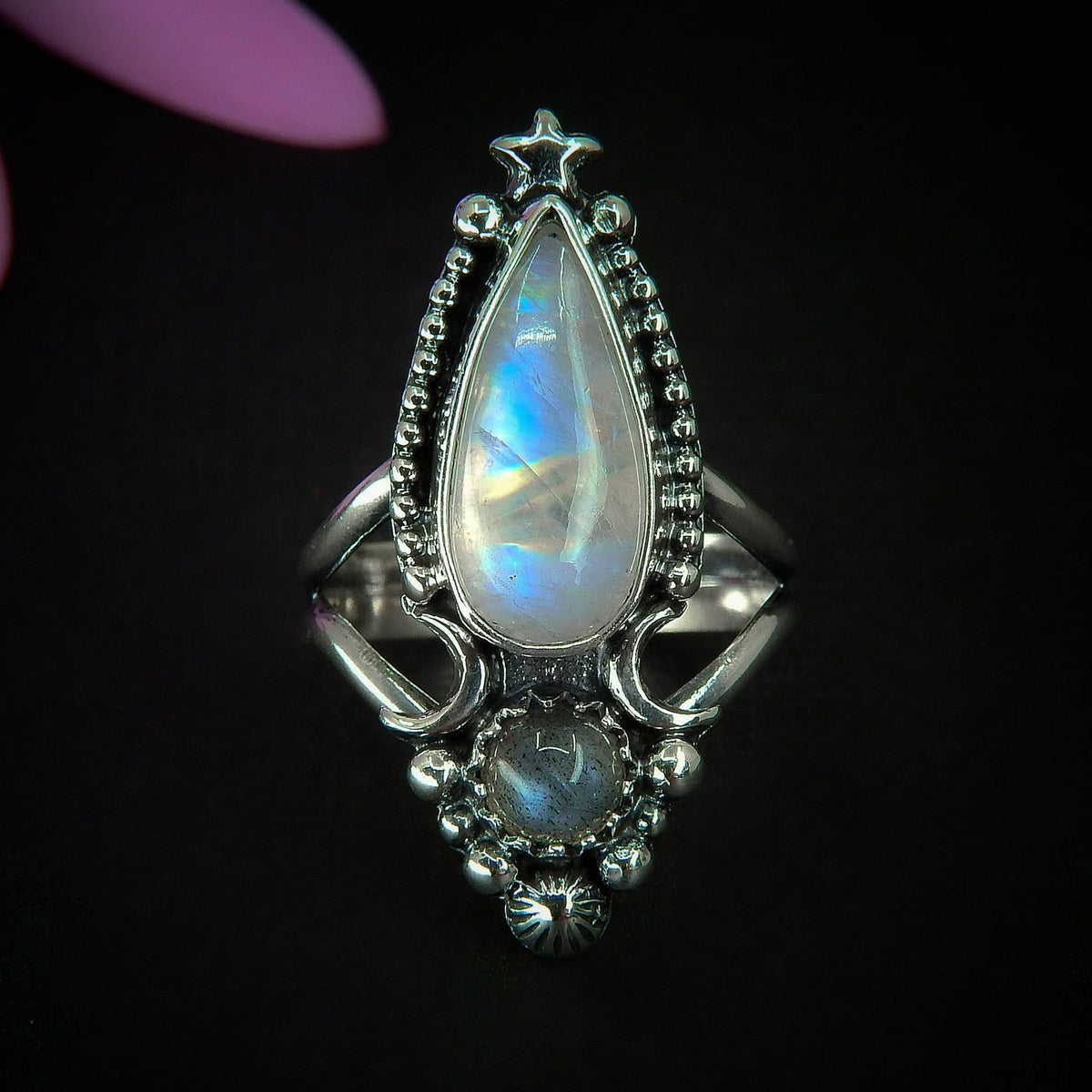 Moonstone & Labradorite Ring - Size 6 - Sterling Silver - Rainbow Moonstone Ring - Blue Labradorite Jewelry - Double Stone Crescent Moon