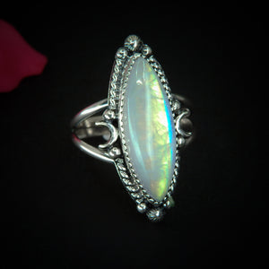 Marquise Moonstone Ring - Size 11 - Sterling Silver - Rainbow Moonstone Jewelry - Flashy Moonstone Jewellery - Crescent Moon Ring Celestial