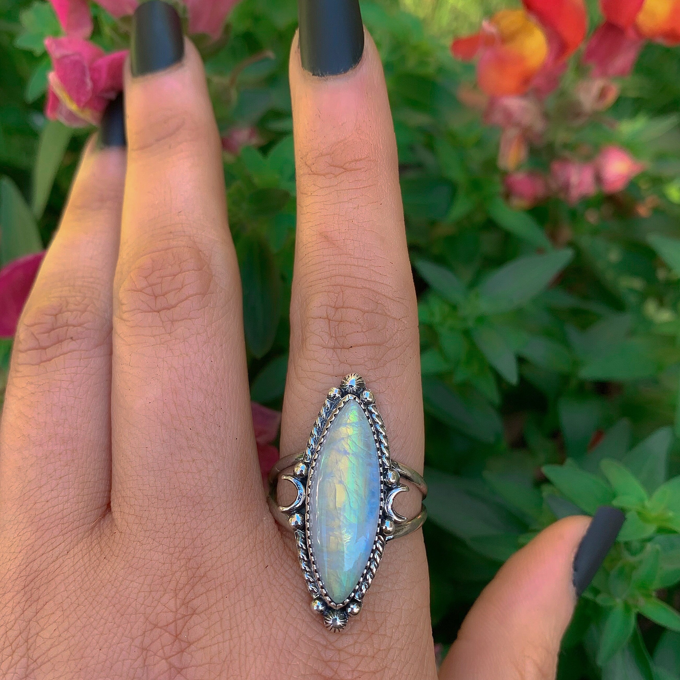 Marquise Moonstone Ring - Size 11 - Sterling Silver - Rainbow Moonstone Jewelry - Flashy Moonstone Jewellery - Crescent Moon Ring Celestial