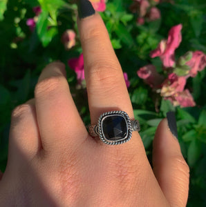 Rose Cut Black Onyx Ring - Size 10 1/4 - Sterling Silver - Square Black Onyx Ring - Thick Band Onyx Jewellery - Black Gemstone Ring - OOAK