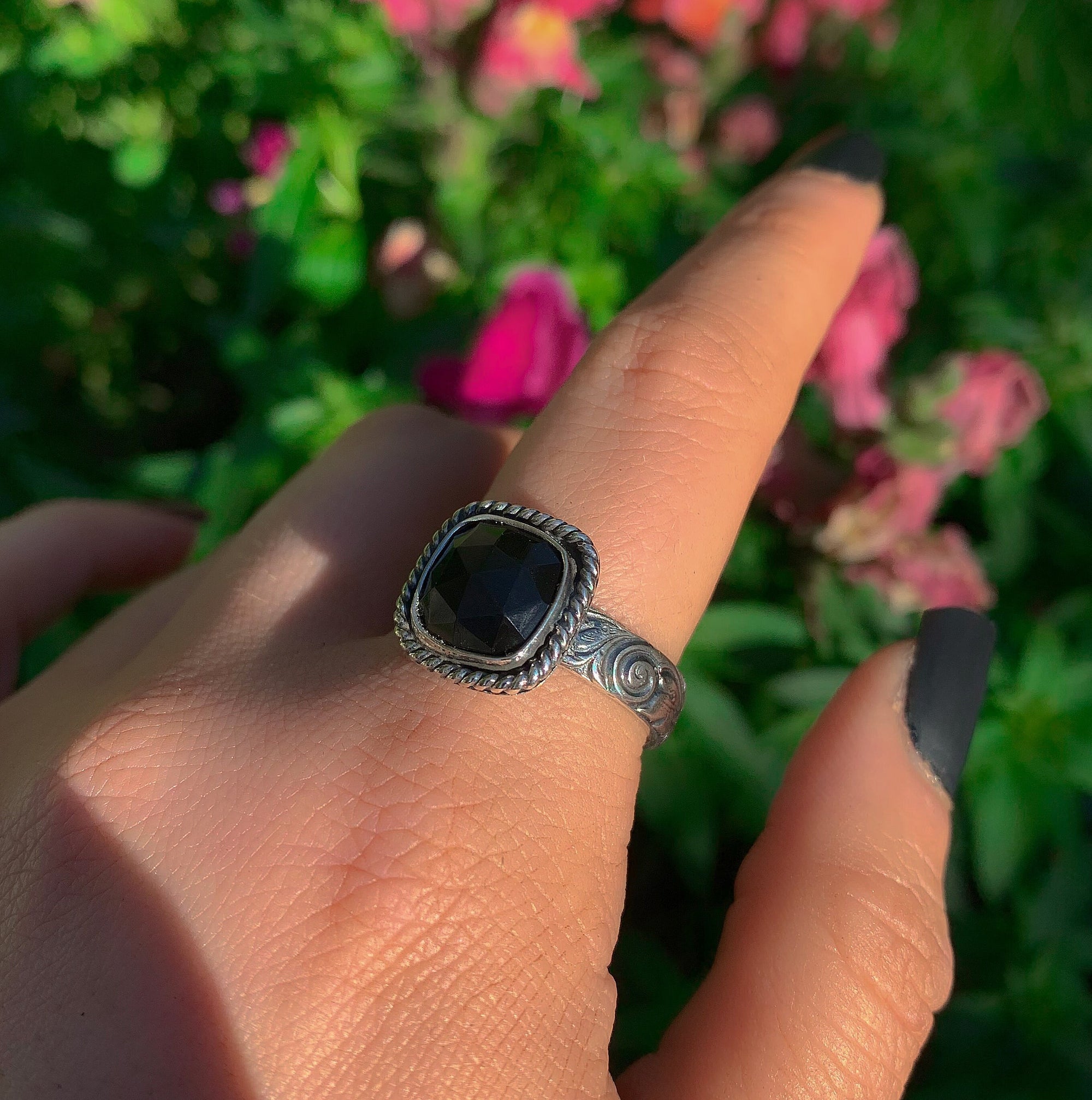 Rose Cut Black Onyx Ring - Size 10 1/4 - Sterling Silver - Square Black Onyx Ring - Thick Band Onyx Jewellery - Black Gemstone Ring - OOAK