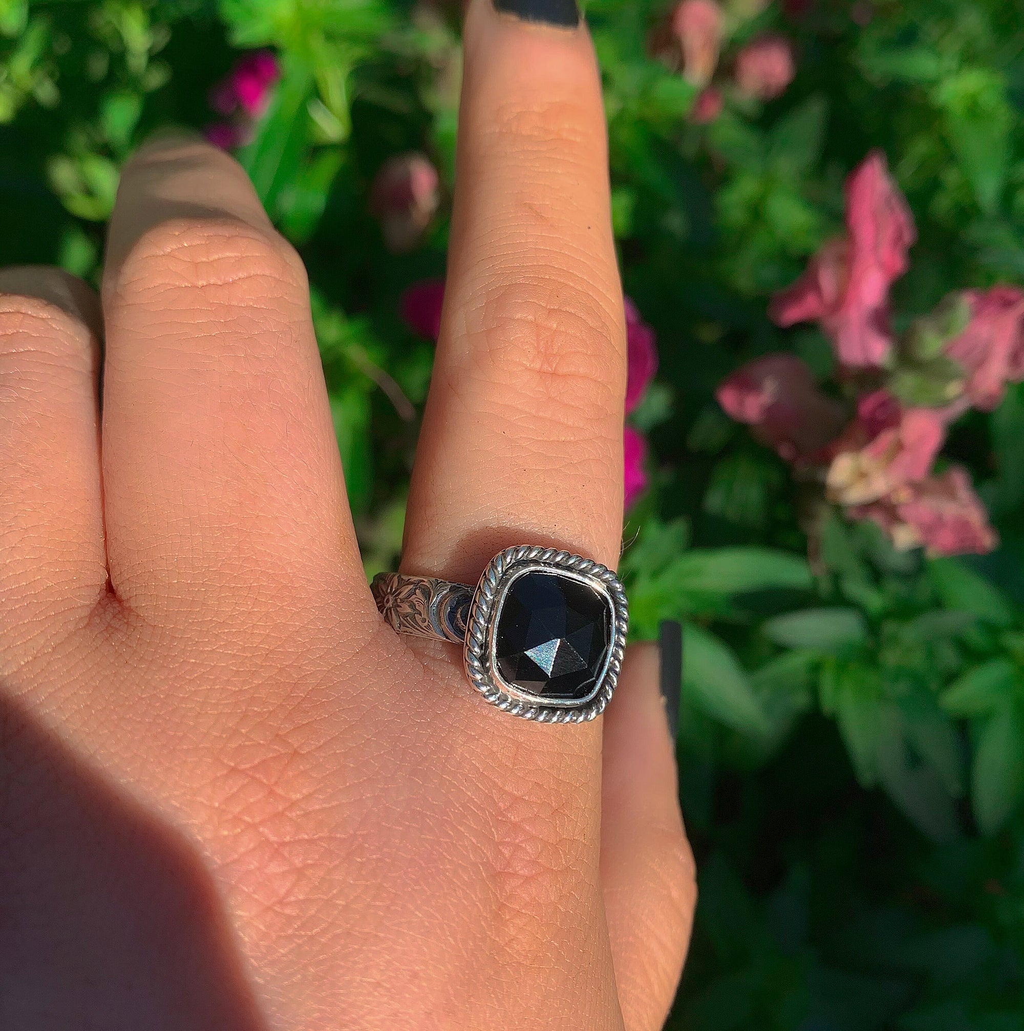 Rose Cut Black Onyx Ring - Size 10 1/4 - Sterling Silver - Square Black Onyx Ring - Thick Band Onyx Jewellery - Black Gemstone Ring - OOAK
