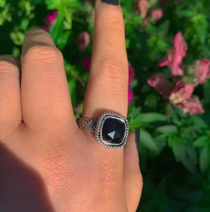 Rose Cut Black Onyx Ring - Size 10 1/4 - Sterling Silver - Square Black Onyx Ring - Thick Band Onyx Jewellery - Black Gemstone Ring - OOAK
