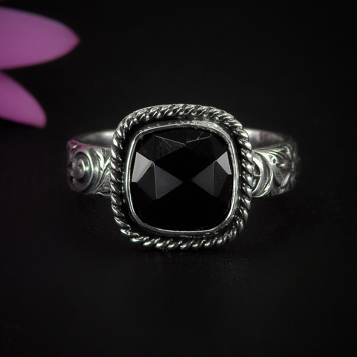 Rose Cut Black Onyx Ring - Size 10 1/4 - Sterling Silver - Square Black Onyx Ring - Thick Band Onyx Jewellery - Black Gemstone Ring - OOAK