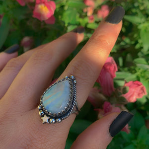 Moonstone Ring - Size 8 1/2 to 8 3/4 - Sterling Silver - Rainbow Moonstone Jewelry - Flashy Moonstone Jewellery - Star Ring Celestial OOK