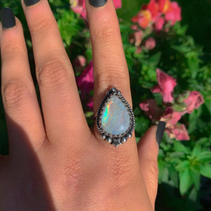 Moonstone Ring - Size 8 1/2 to 8 3/4 - Sterling Silver - Rainbow Moonstone Jewelry - Flashy Moonstone Jewellery - Star Ring Celestial OOK