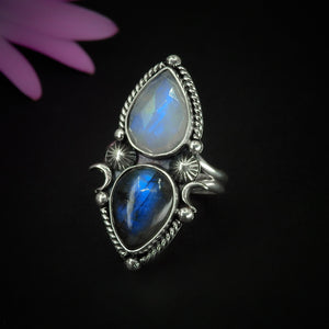 Moonstone & Labradorite Ring - Size 9 1/4 to 9 1/2 - Sterling Silver - Blue Moonstone - Blue Labradorite Jewelry - Double Stone Moon Ring