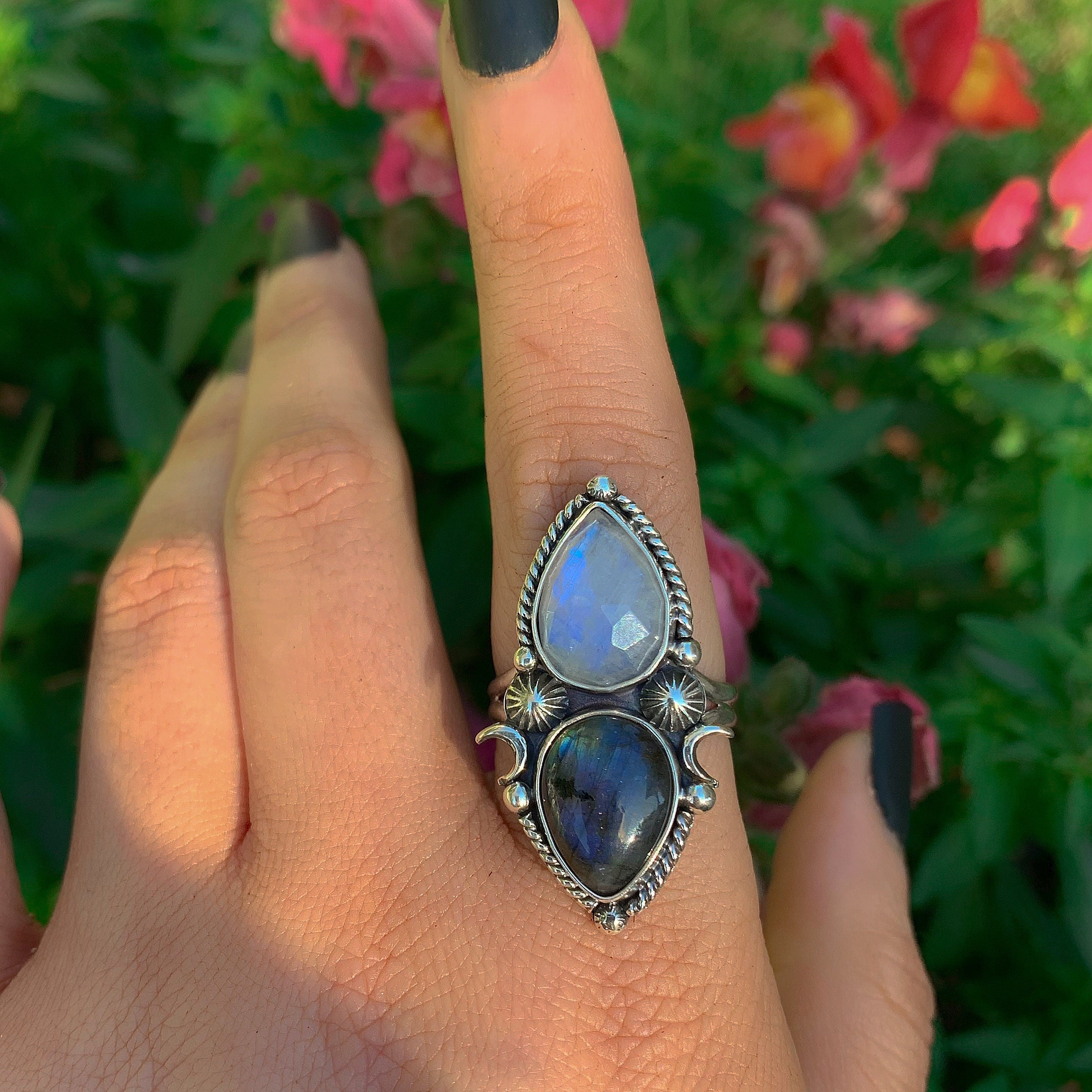 Moonstone & Labradorite Ring - Size 9 1/4 to 9 1/2 - Sterling Silver - Blue Moonstone - Blue Labradorite Jewelry - Double Stone Moon Ring