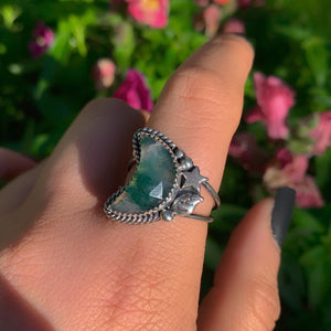 Rose Cut Moss Agate Moon Ring - Size 9 - Sterling Silver - Faceted Moss Agate Jewelry - Leaf Ring - Crescent Moon Tree Agate - Forest Ring