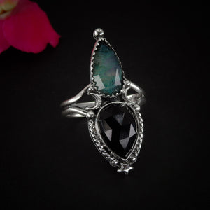 Rose Cut Moss Agate & Black Onyx Ring - Size 11 1/2 - Sterling Silver - Faceted Moss Agate Ring - Crescent Moon Ring - OOAK Forest Jewellery