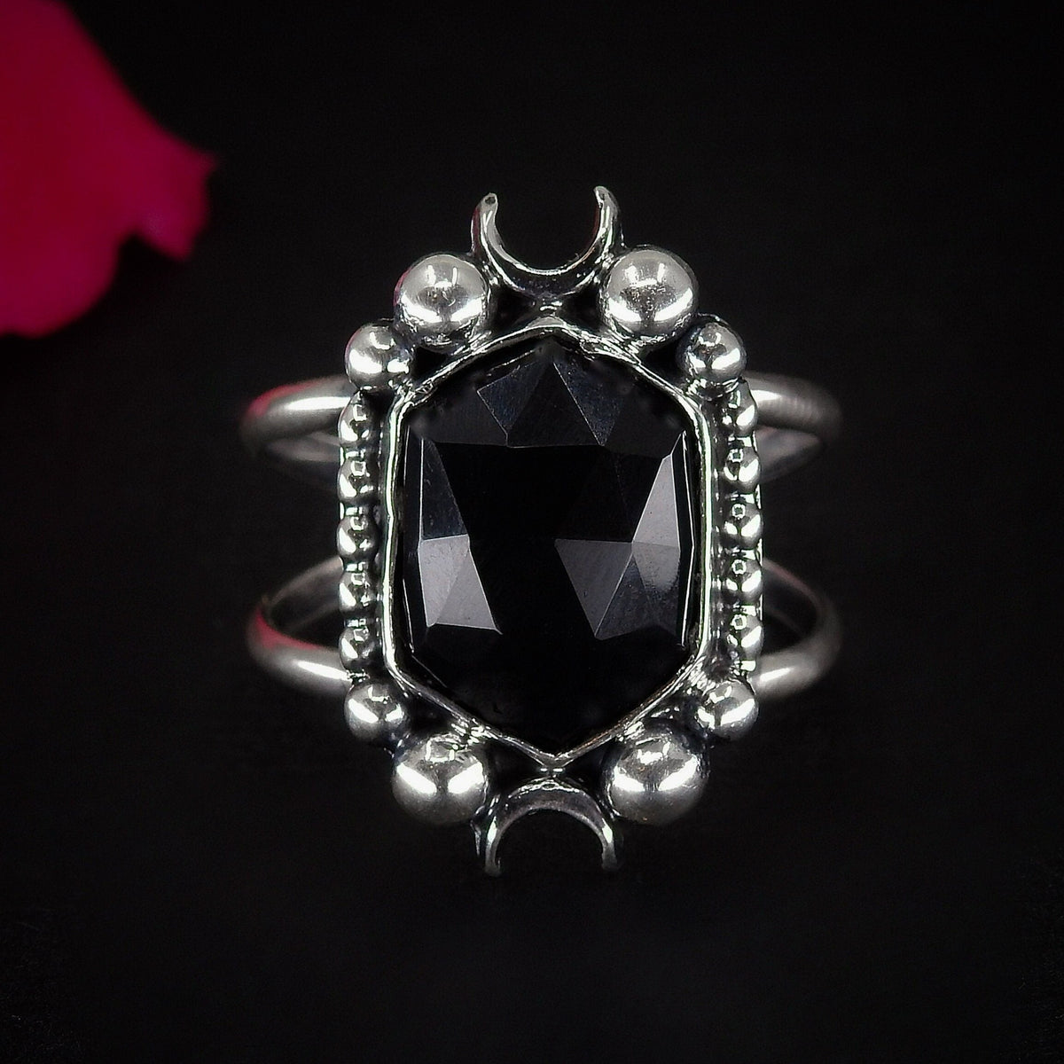 Rose Cut Black Onyx Ring - Size 8 1/2 - Sterling Silver - Hexagonal Onyx Ring - Faceted Onyx Moon Ring, Black Gemstone Crescent Moon Jewelry