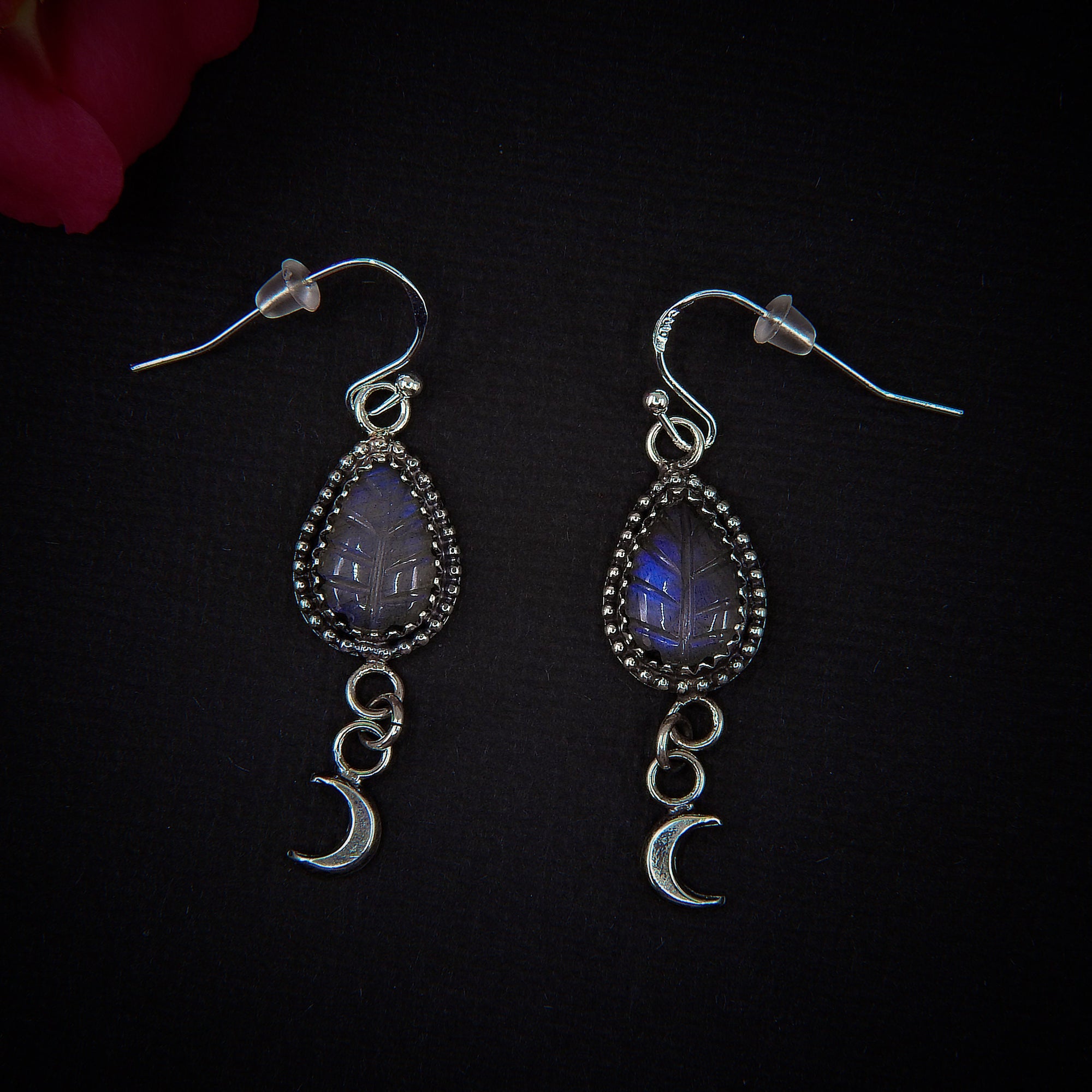 Labradorite Leaf Earrings - Sterling Silver - Blue Labradorite Moon Earrings - Gemstone Earrings - Labradorite Dangles - Crescent Moon Hooks