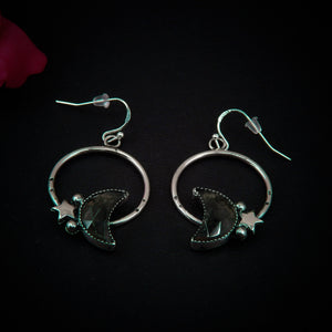 Moss Agate Moon Earrings - Sterling Silver - Green Moss Agate Hoop Earrings - Crescent Moon Moss Agate Dangles - Star Hook Earrings OOAK