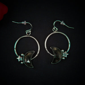 Moss Agate Moon Earrings - Sterling Silver - Green Moss Agate Hoop Earrings - Crescent Moon Moss Agate Dangles - Star Hook Earrings OOAK
