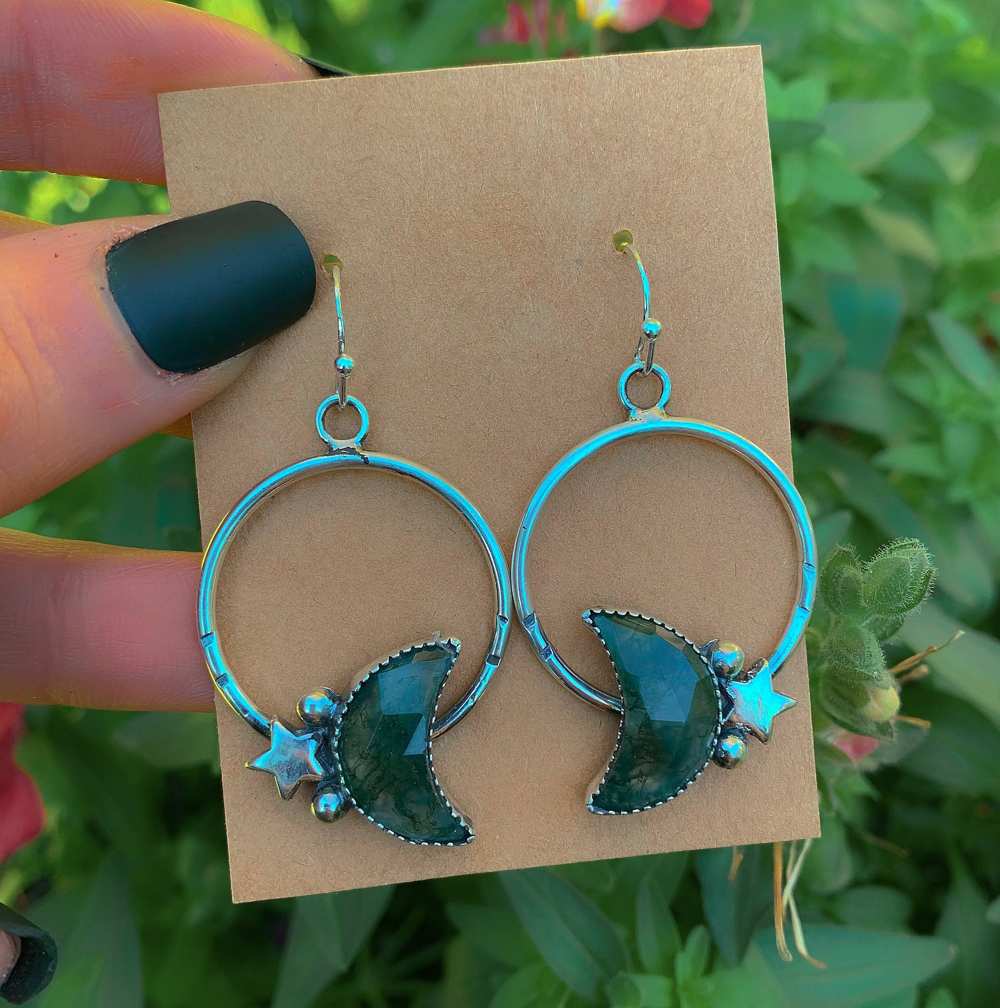 Moss Agate Moon Earrings - Sterling Silver - Green Moss Agate Hoop Earrings - Crescent Moon Moss Agate Dangles - Star Hook Earrings OOAK