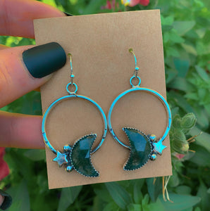 Moss Agate Moon Earrings - Sterling Silver - Green Moss Agate Hoop Earrings - Crescent Moon Moss Agate Dangles - Star Hook Earrings OOAK
