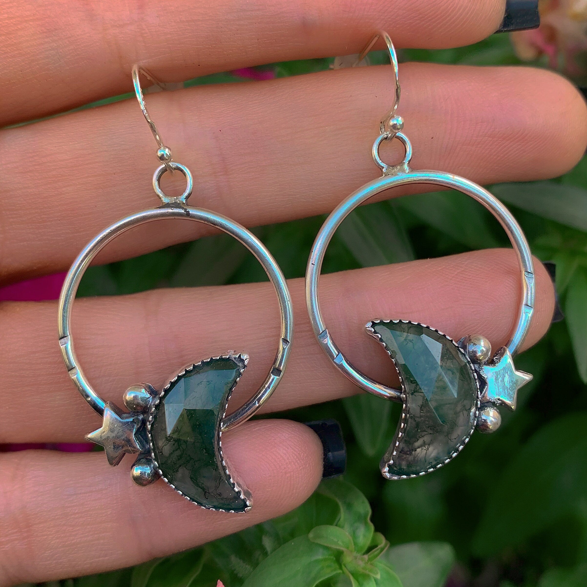 Moss Agate Moon Earrings - Sterling Silver - Green Moss Agate Hoop Earrings - Crescent Moon Moss Agate Dangles - Star Hook Earrings OOAK