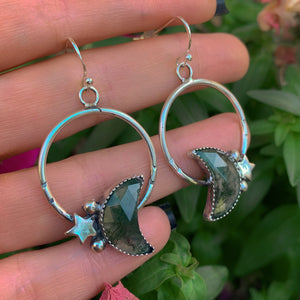 Moss Agate Moon Earrings - Sterling Silver - Green Moss Agate Hoop Earrings - Crescent Moon Moss Agate Dangles - Star Hook Earrings OOAK