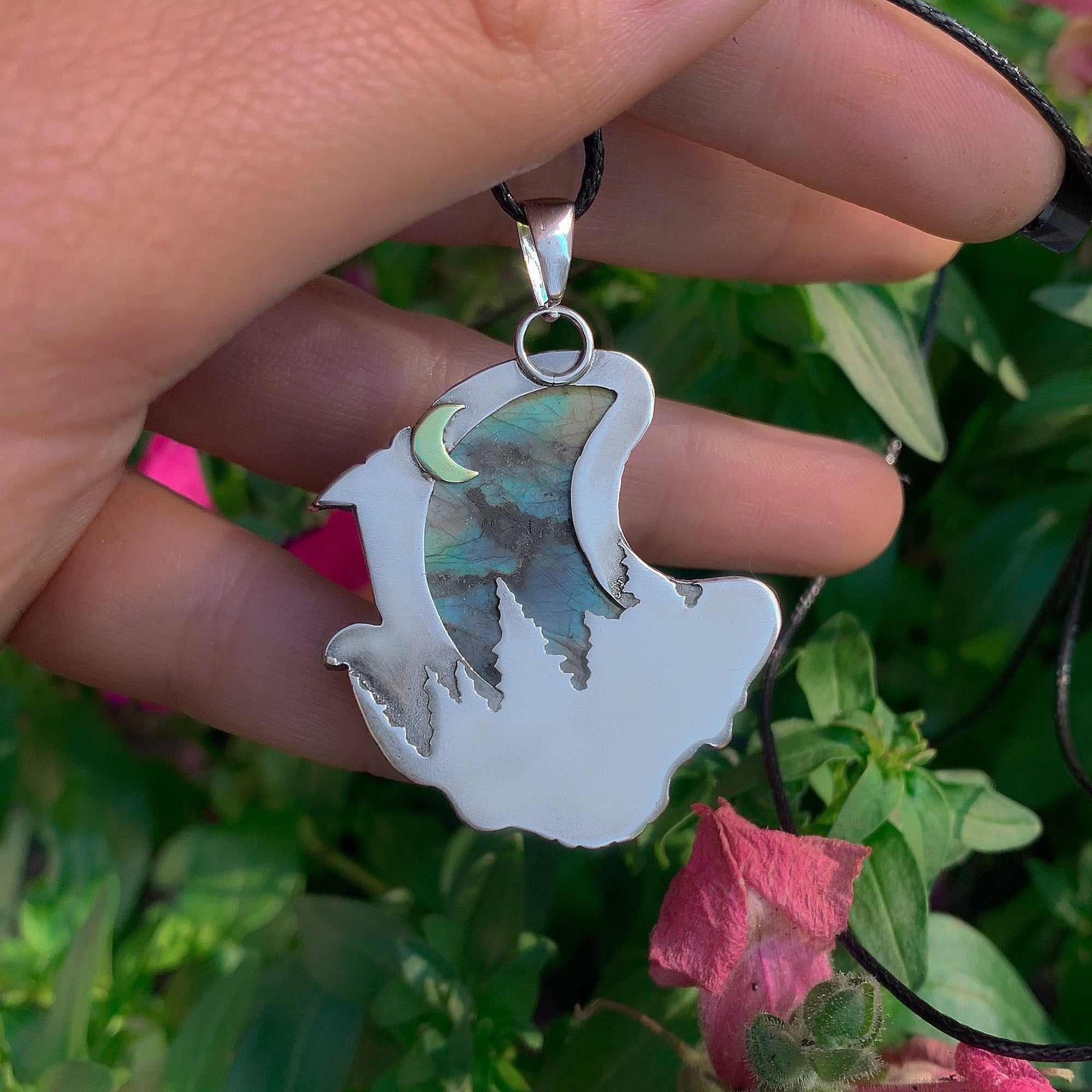 Labradorite Moon Pendant - Sterling Silver - Rainbow Labradorite Necklace - Toadstool Pendant - Leaf Gemstone Jewellery - Mushroom Pendant
