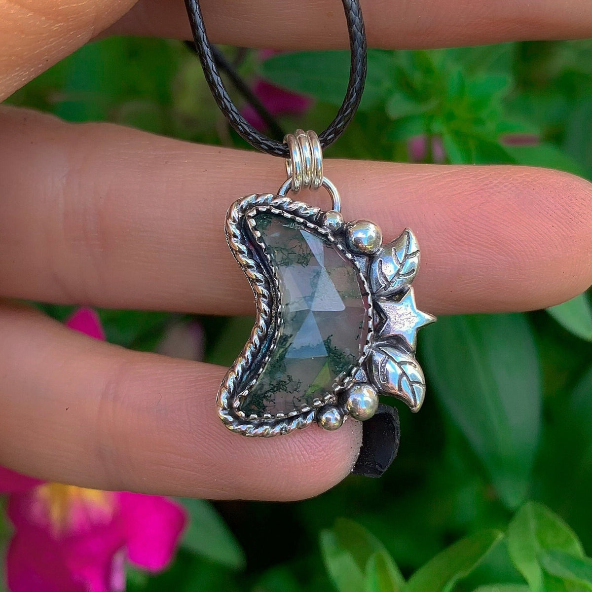 Moss Agate Moon Pendant - Sterling Silver - Rose Cut Moss Agate Necklace - Faceted Moss Agate Crescent Moon - Leaf Gemstone Star Pendant