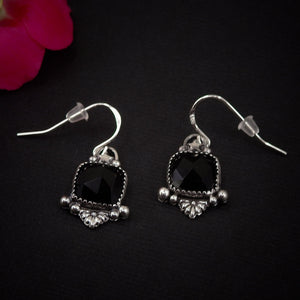 Rose Cut Black Onyx Earrings - Sterling Silver - Faceted Black Onyx Star Earrings - Square Black Onyx Gemstone Dangles, Black Stone Earrings