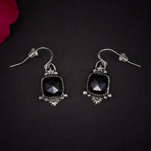 Rose Cut Black Onyx Earrings - Sterling Silver - Faceted Black Onyx Star Earrings - Square Black Onyx Gemstone Dangles, Black Stone Earrings