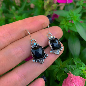 Rose Cut Black Onyx Earrings - Sterling Silver - Faceted Black Onyx Star Earrings - Square Black Onyx Gemstone Dangles, Black Stone Earrings