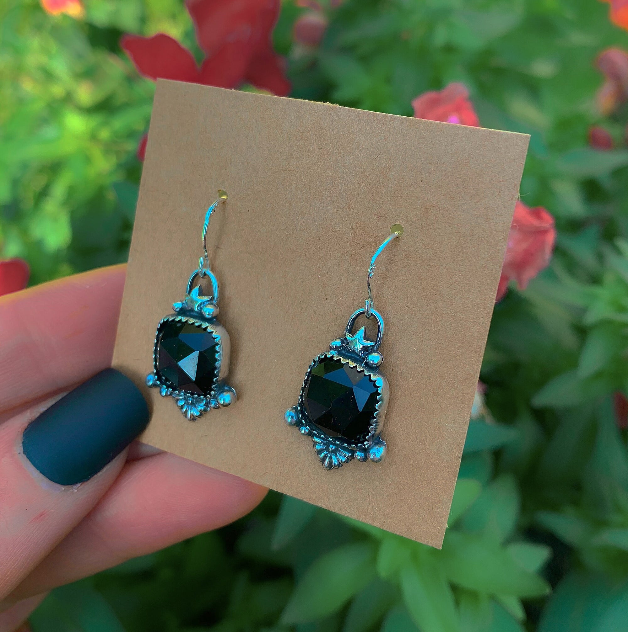 Rose Cut Black Onyx Earrings - Sterling Silver - Faceted Black Onyx Star Earrings - Square Black Onyx Gemstone Dangles, Black Stone Earrings