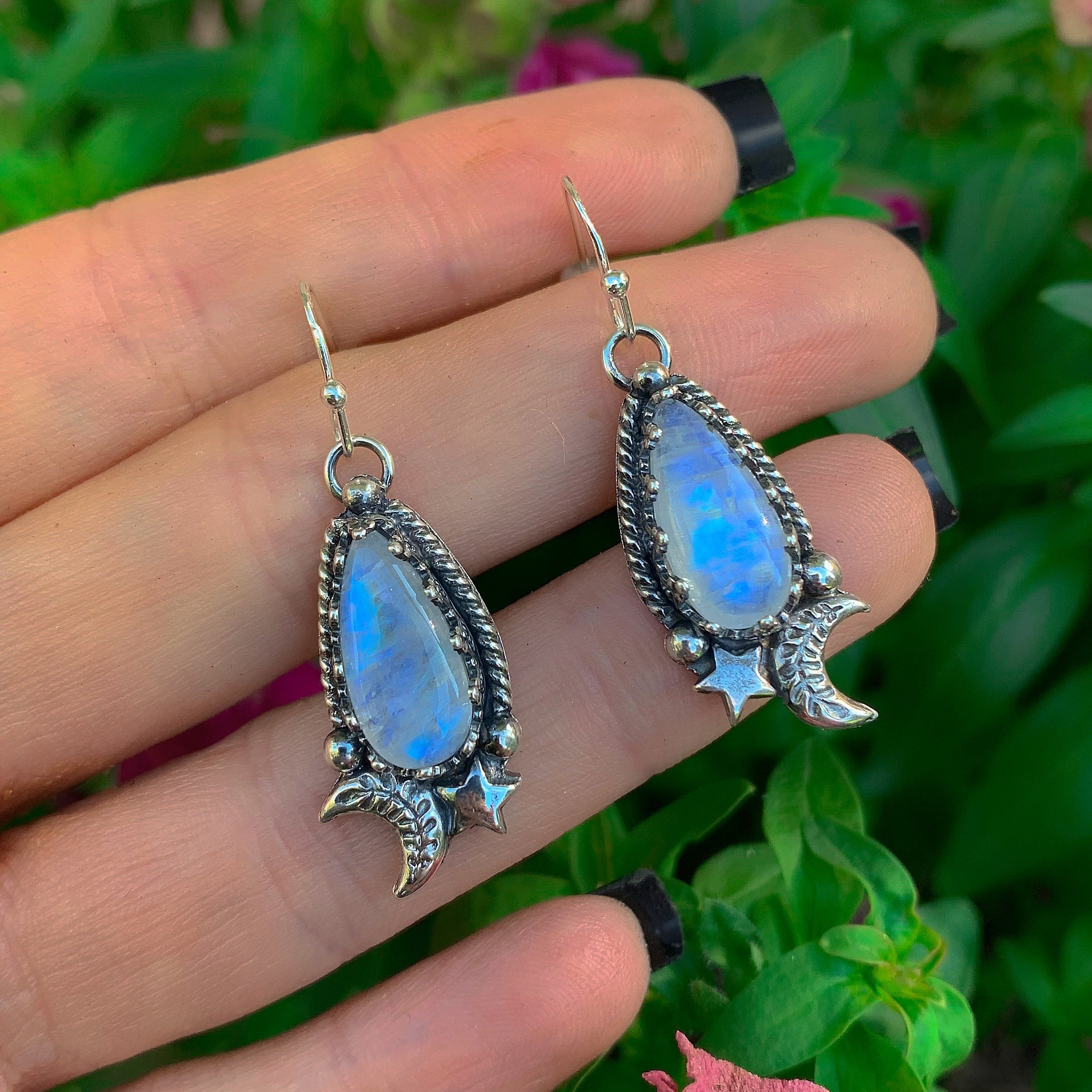 Moonstone Earrings - Sterling Silver - Moonstone Moon Earrings - Teardrop Moonstone Star Dangles - Blue Moonstone - Rainbow Moonstone OOAK