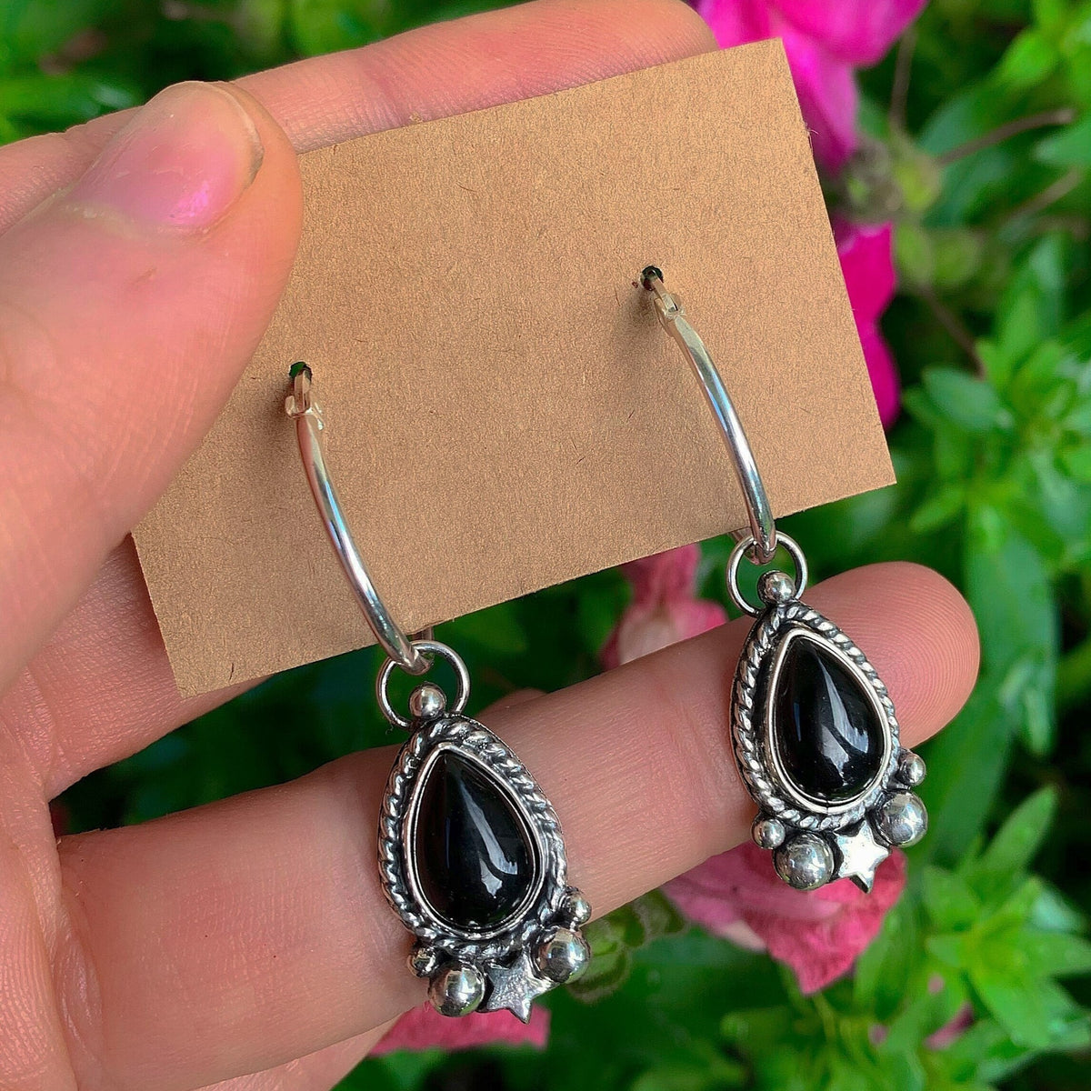 Black Onyx Hoop Earrings - Sterling Silver - Teardrop Black Onyx Star Sleeper Earrings - Black Onyx Gemstone Dangles - Black Stone Earrings