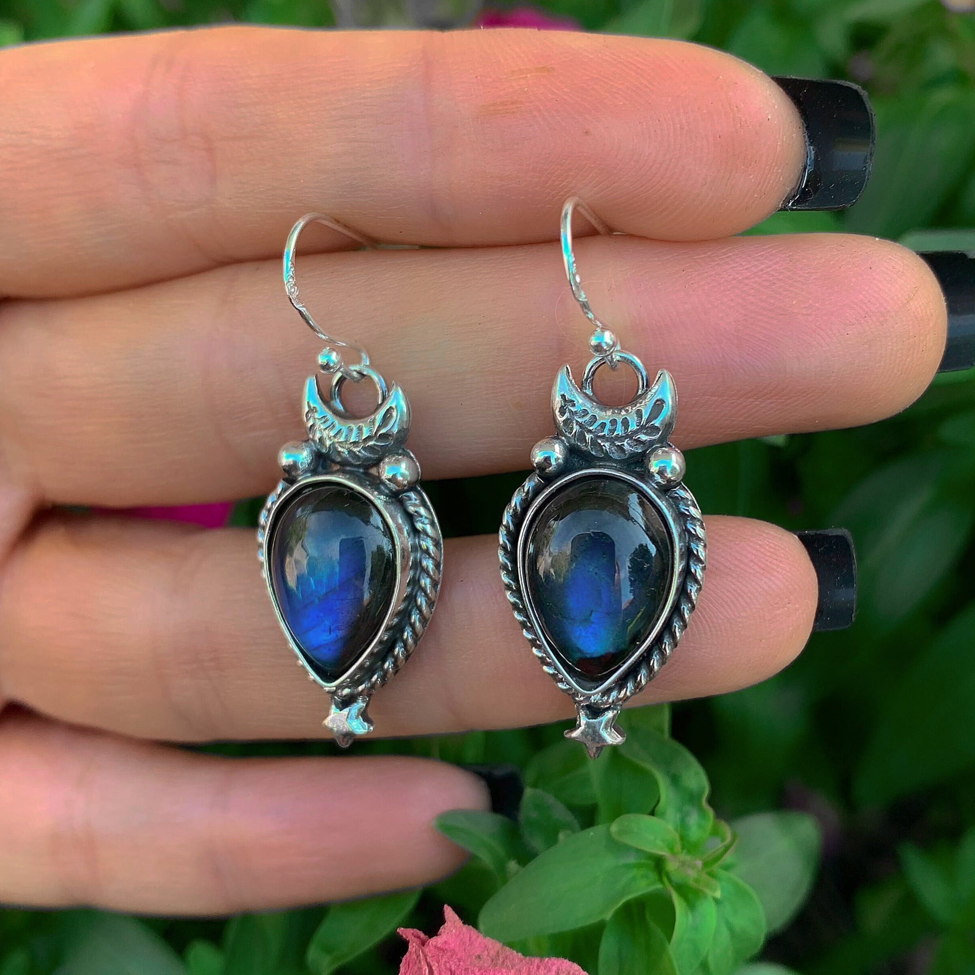 Labradorite Moon Earrings - Sterling Silver - Blue Labradorite Star Earrings - Gemstone Earrings - Labradorite Dangles - Crescent Moon Hooks