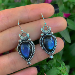 Labradorite Moon Earrings - Sterling Silver - Blue Labradorite Star Earrings - Gemstone Earrings - Labradorite Dangles - Crescent Moon Hooks