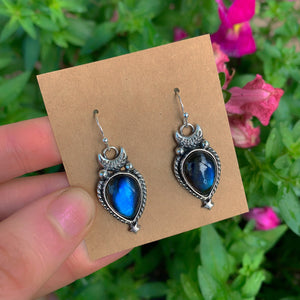 Labradorite Moon Earrings - Sterling Silver - Blue Labradorite Star Earrings - Gemstone Earrings - Labradorite Dangles - Crescent Moon Hooks