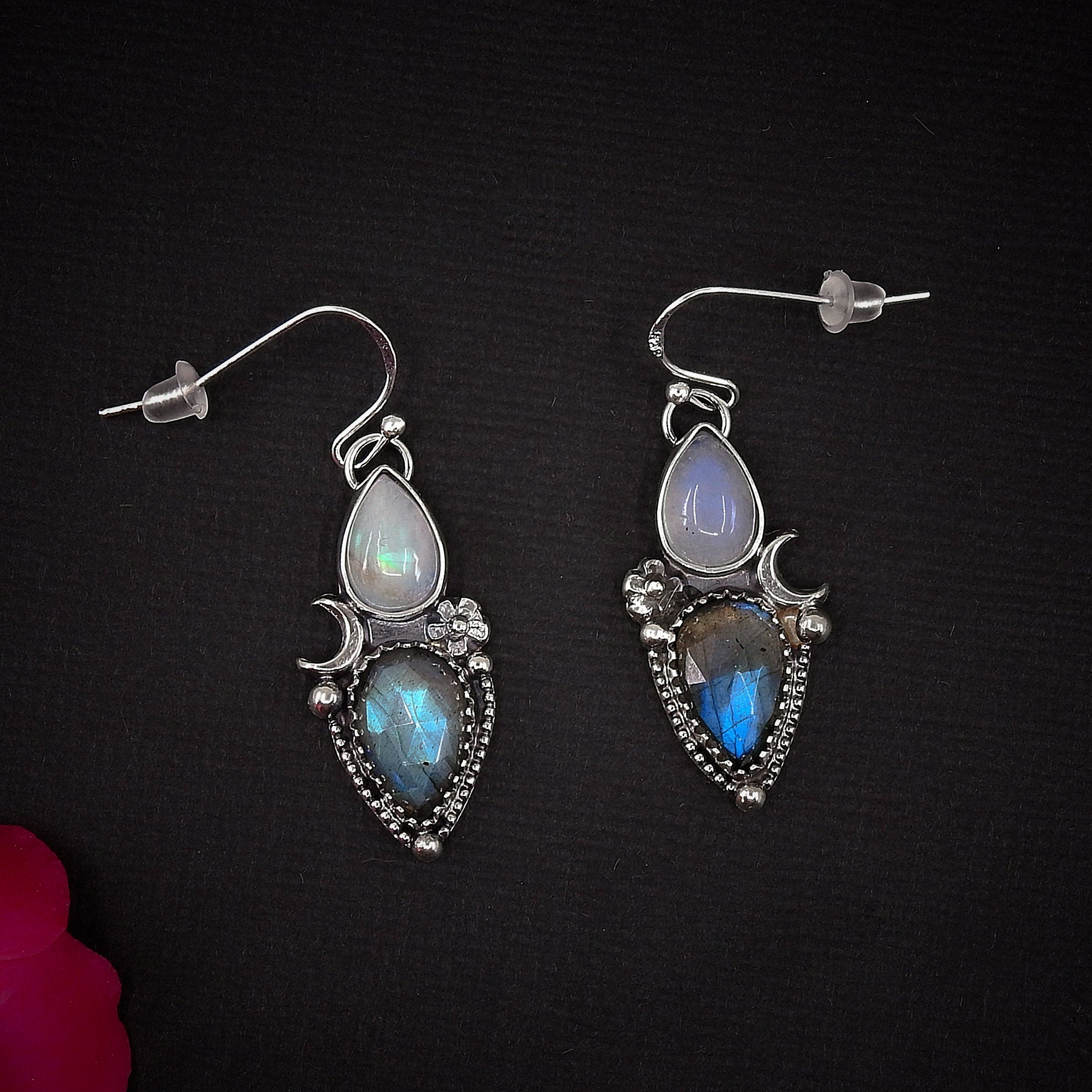Rose Cut Labradorite & Moonstone Earrings - Sterling Silver - Labradorite Earrings, Crescent Moon Earrings, Rainbow Moonstone Flower Dangles