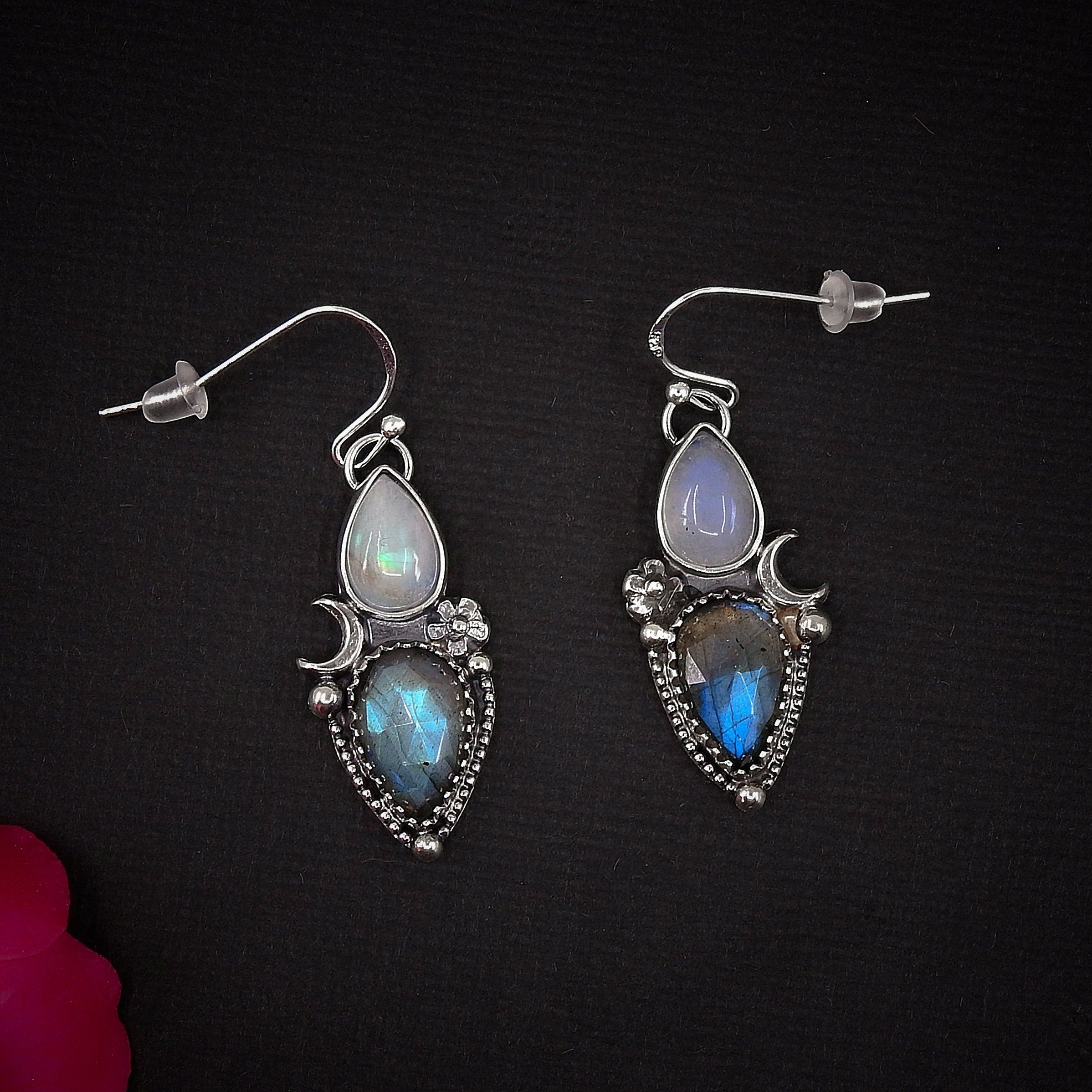 Rose Cut Labradorite & Moonstone Earrings - Sterling Silver - Labradorite Earrings, Crescent Moon Earrings, Rainbow Moonstone Flower Dangles