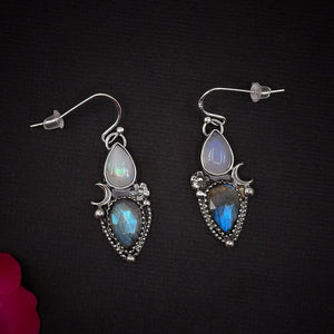 Rose Cut Labradorite & Moonstone Earrings - Sterling Silver - Labradorite Earrings, Crescent Moon Earrings, Rainbow Moonstone Flower Dangles