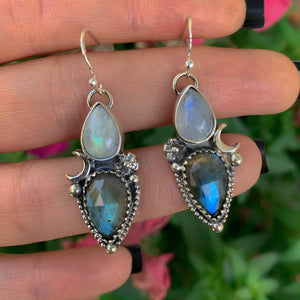 Rose Cut Labradorite & Moonstone Earrings - Sterling Silver - Labradorite Earrings, Crescent Moon Earrings, Rainbow Moonstone Flower Dangles
