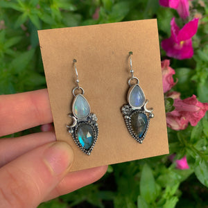 Rose Cut Labradorite & Moonstone Earrings - Sterling Silver - Labradorite Earrings, Crescent Moon Earrings, Rainbow Moonstone Flower Dangles