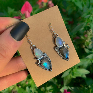 Rose Cut Labradorite & Moonstone Earrings - Sterling Silver - Labradorite Earrings, Crescent Moon Earrings, Rainbow Moonstone Flower Dangles