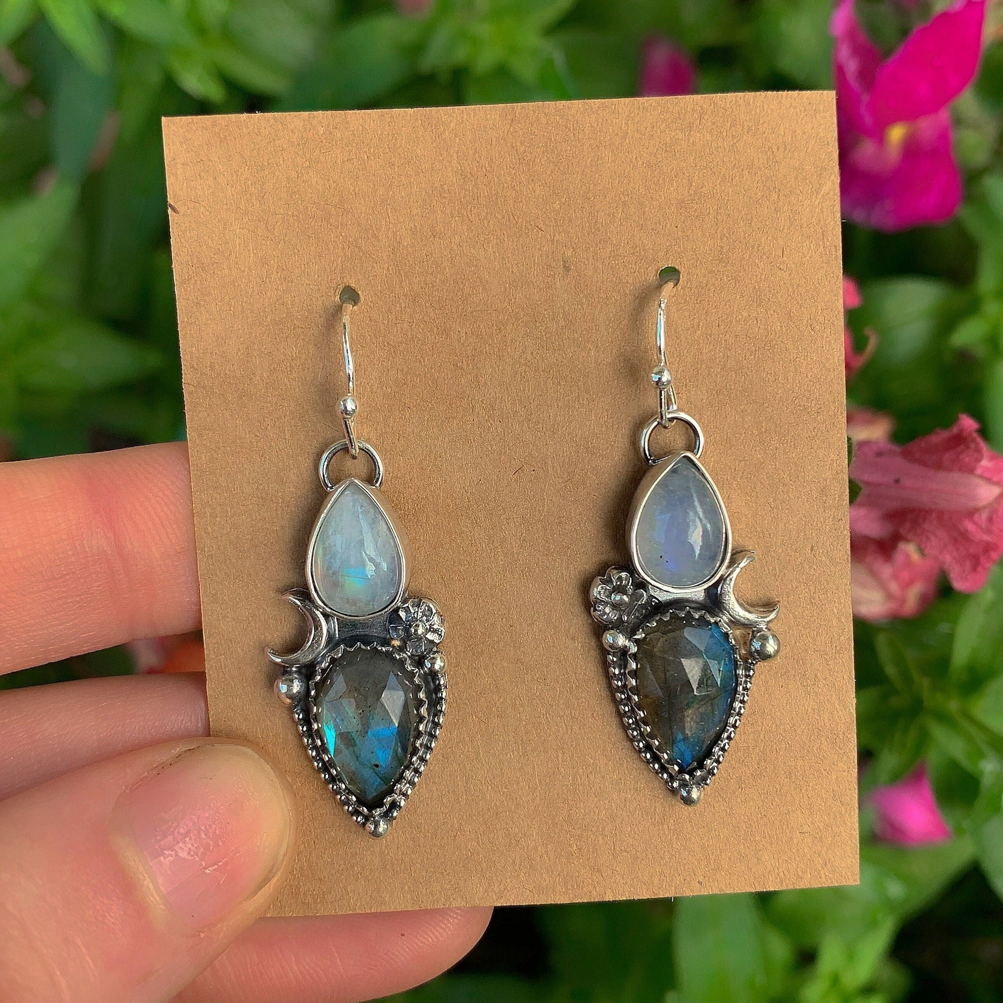 Rose Cut Labradorite & Moonstone Earrings - Sterling Silver - Labradorite Earrings, Crescent Moon Earrings, Rainbow Moonstone Flower Dangles