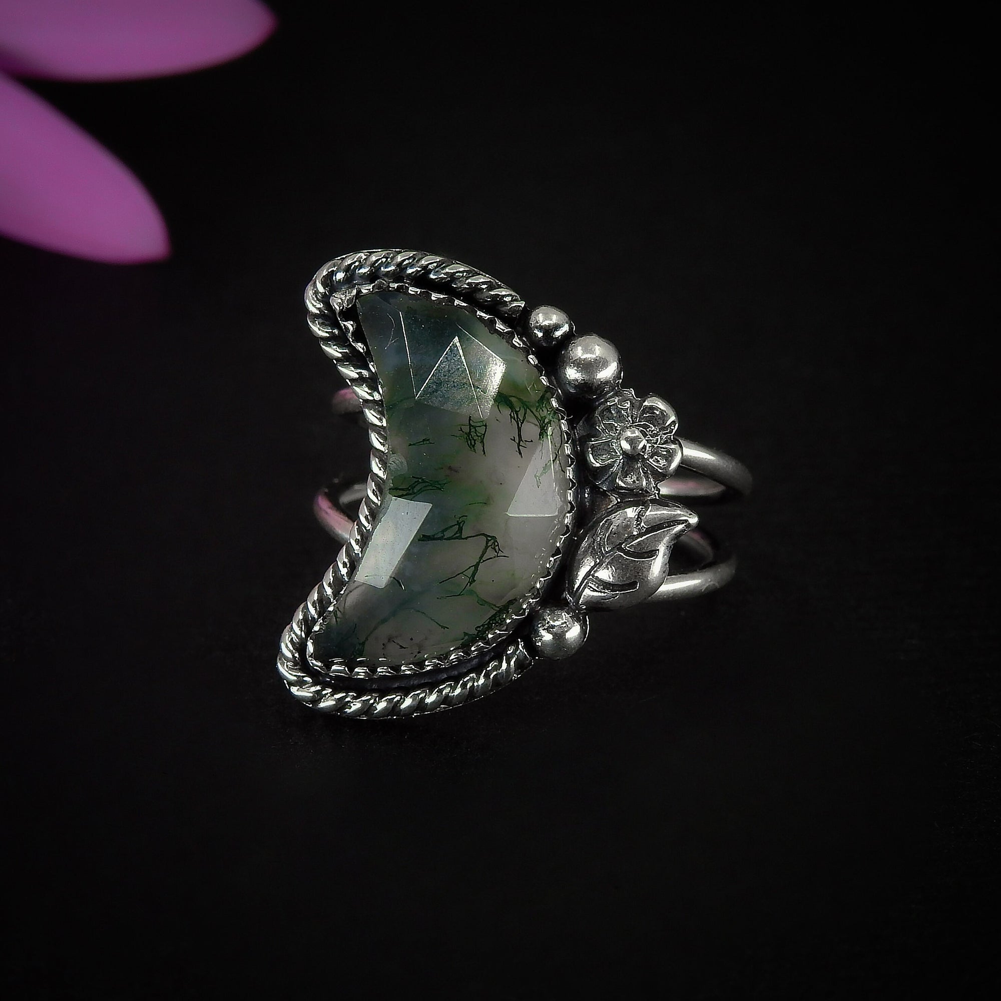 Rose Cut Moss Agate Moon Ring - Size 6 - Sterling Silver - Faceted Moss Agate Jewelry - Leaf Ring - Crescent Moon Tree Agate - Forest Ring