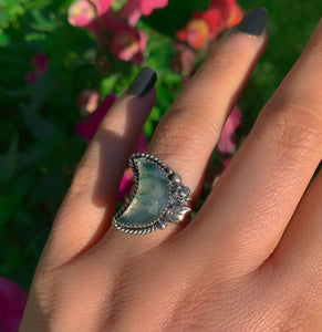 Rose Cut Moss Agate Moon Ring - Size 6 - Sterling Silver - Faceted Moss Agate Jewelry - Leaf Ring - Crescent Moon Tree Agate - Forest Ring