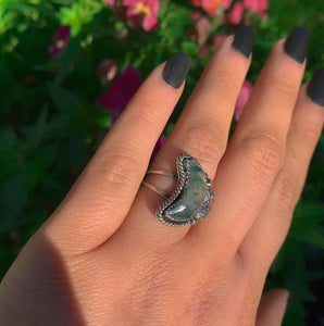 Rose Cut Moss Agate Moon Ring - Size 6 - Sterling Silver - Faceted Moss Agate Jewelry - Leaf Ring - Crescent Moon Tree Agate - Forest Ring