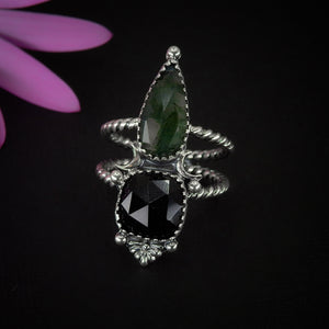 Rose Cut Moss Agate & Black Onyx Ring - Size 8 - Sterling Silver - Moonstone Ring - Faceted Moss Agate Jewellery - Moon Ring - Square Onyx