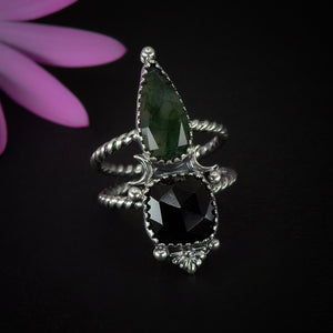 Rose Cut Moss Agate & Black Onyx Ring - Size 8 - Sterling Silver - Moonstone Ring - Faceted Moss Agate Jewellery - Moon Ring - Square Onyx