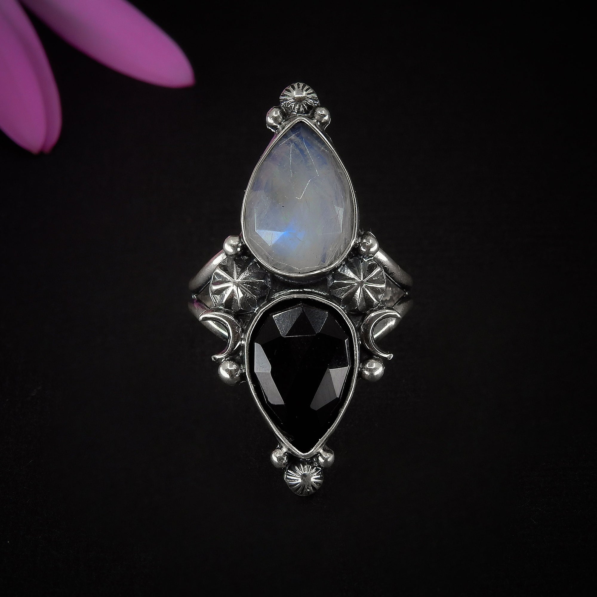 Rose Cut Moonstone & Black Onyx Ring - Size 10 - Sterling Silver - Faceted Moonstone Ring - Black Onyx Jewelry - Double Stone Crescent Moon