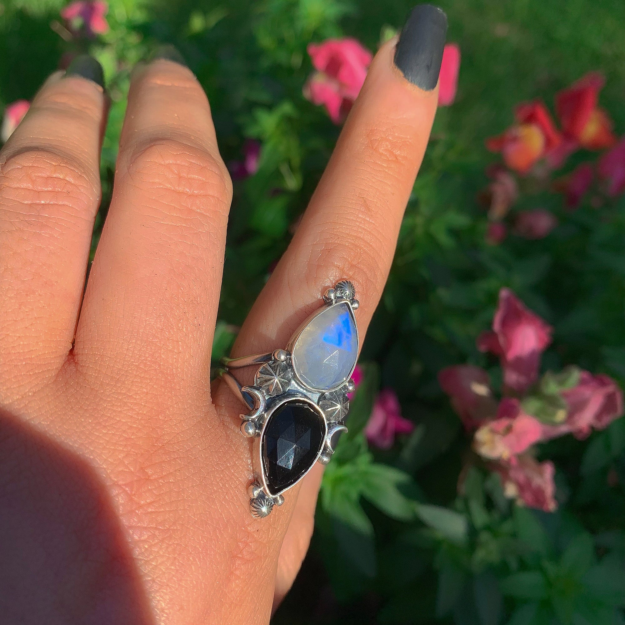 Rose Cut Moonstone & Black Onyx Ring - Size 10 - Sterling Silver - Faceted Moonstone Ring - Black Onyx Jewelry - Double Stone Crescent Moon