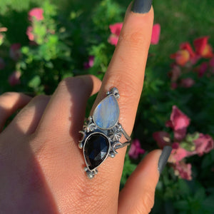 Rose Cut Moonstone & Black Onyx Ring - Size 10 - Sterling Silver - Faceted Moonstone Ring - Black Onyx Jewelry - Double Stone Crescent Moon