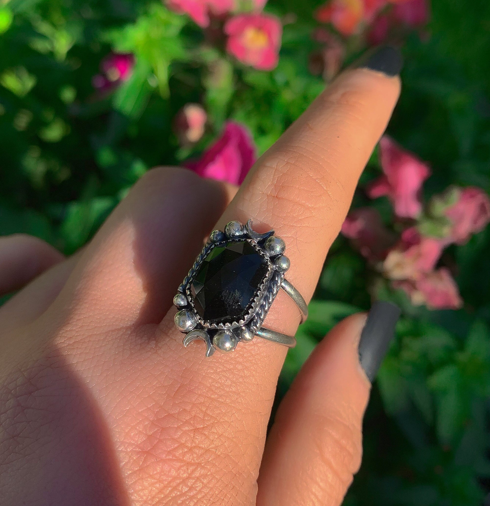 Rose Cut Black Onyx Ring - Size 9 1/4 - Sterling Silver - Hexagonal Onyx Ring - Faceted Onyx Moon Ring, Black Gemstone Crescent Moon Jewelry